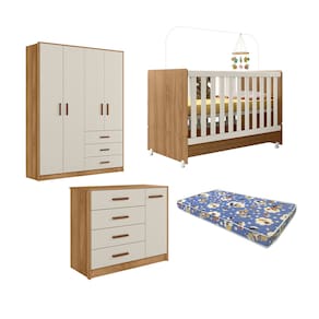 Dormitório Infantil Completo Pérola com Berço, Guarda-roupa e Cômoda Nature Off White-peternella