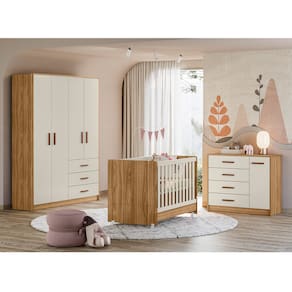 Kit Quarto Infantil Pérola com Berço, Guarda-roupa e Cômoda na Cor Nature Off White-peternella