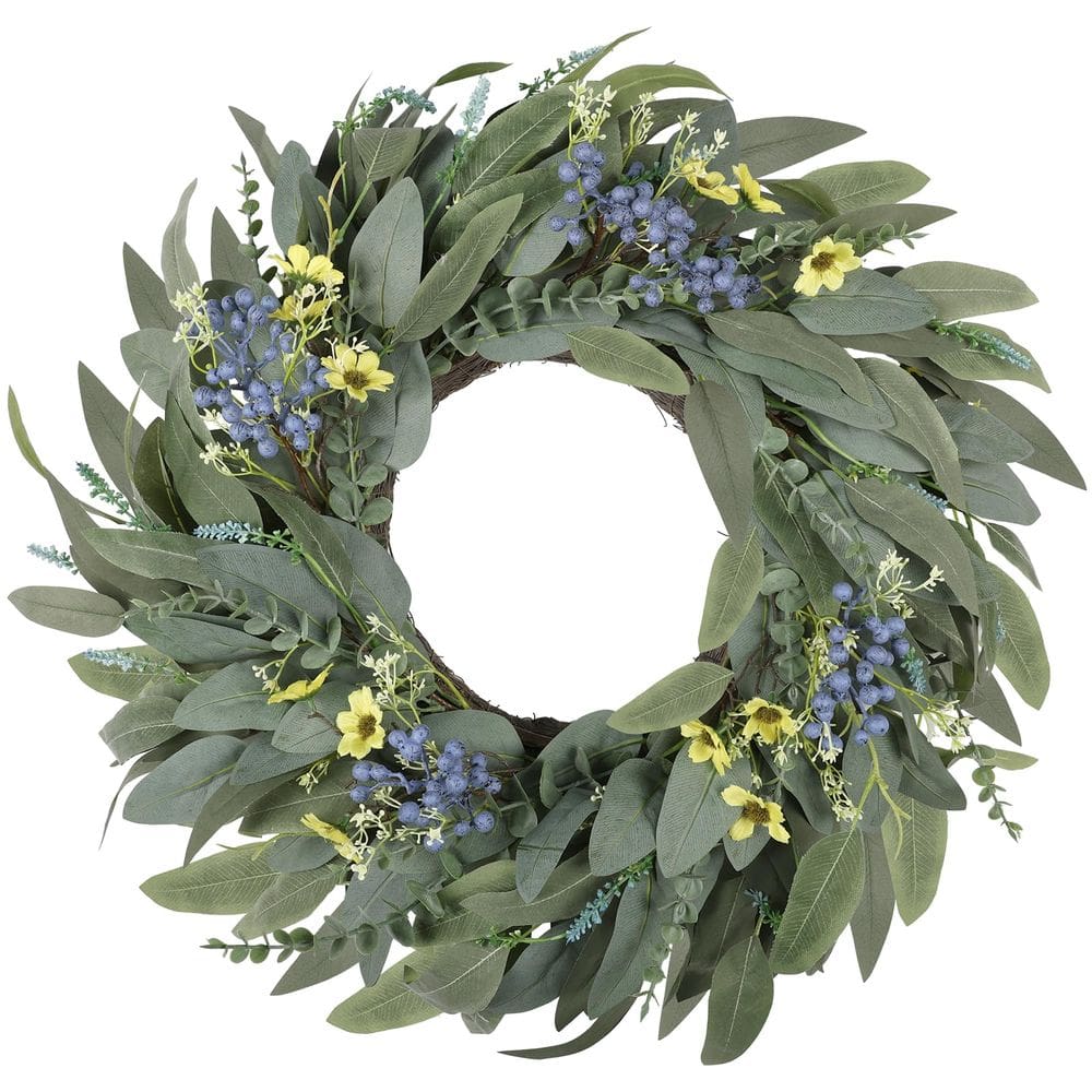 Coroa de flores Zmtyykh Eucalyptus Spring 66 cm com frutas vermelhas e margaridas