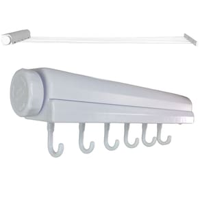 Varal de Parede Retratil 5 Cordas 6 Ganchos Extensivel Automatico Ajustavel Secador de Roupa Casa Apartamento Lavanderia Organizaçao Resistente