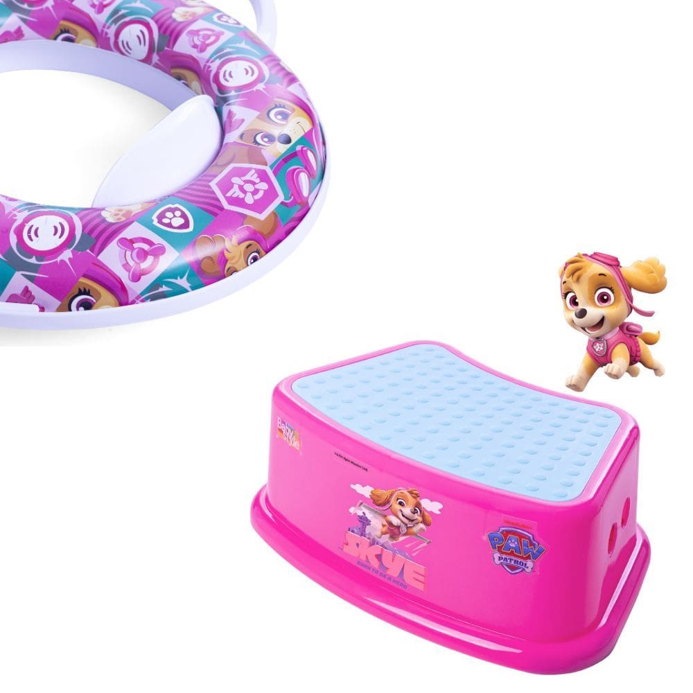 Kit Degrau Infantil Patrulha Canina Rosa + Redutor de Assento C/ Alça Patrulha Canina Skye