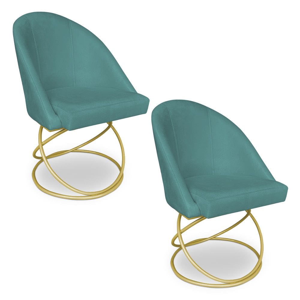Kit 02 Cadeiras Poltrona de Jantar Bela Suede Azul Turquesa Base Metálica Luxo Dourado - Pallazio