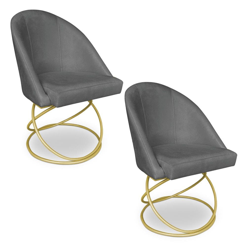 Kit 02 Cadeiras Poltrona de Jantar Bela Suede Grafite Base Metálica Luxo Dourado - Pallazio