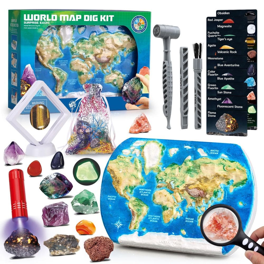 Mapa do mundo Gemstone Dig Kit Woumserta para crianças com mais de 6 anos
