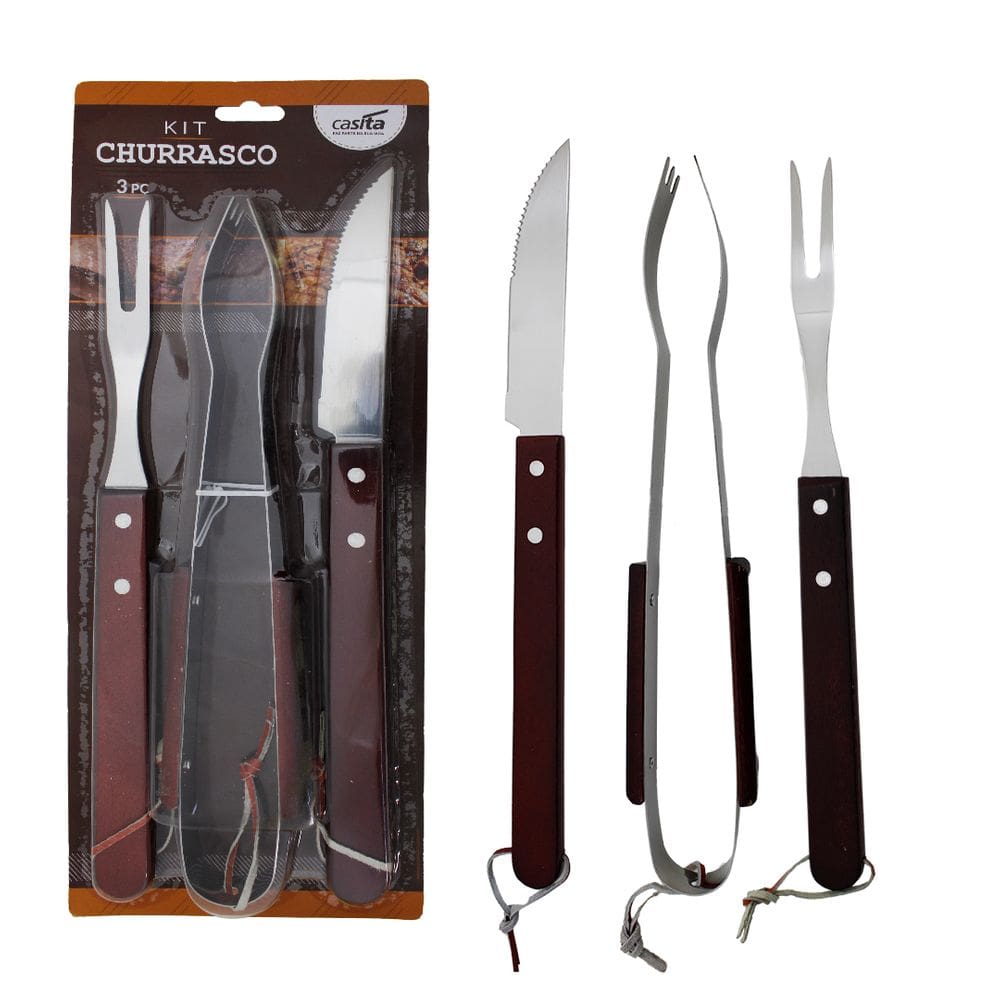 Jogo Para Churrasco 3 Peças Aço Inox Cabo Madeira Premium