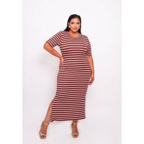 Vestido Plus Size Listrado com Fenda e Forro