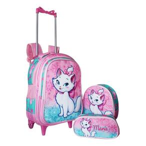 Kit Mochila Gatinha Marie Meninas Rodinhas Escolar Rosa