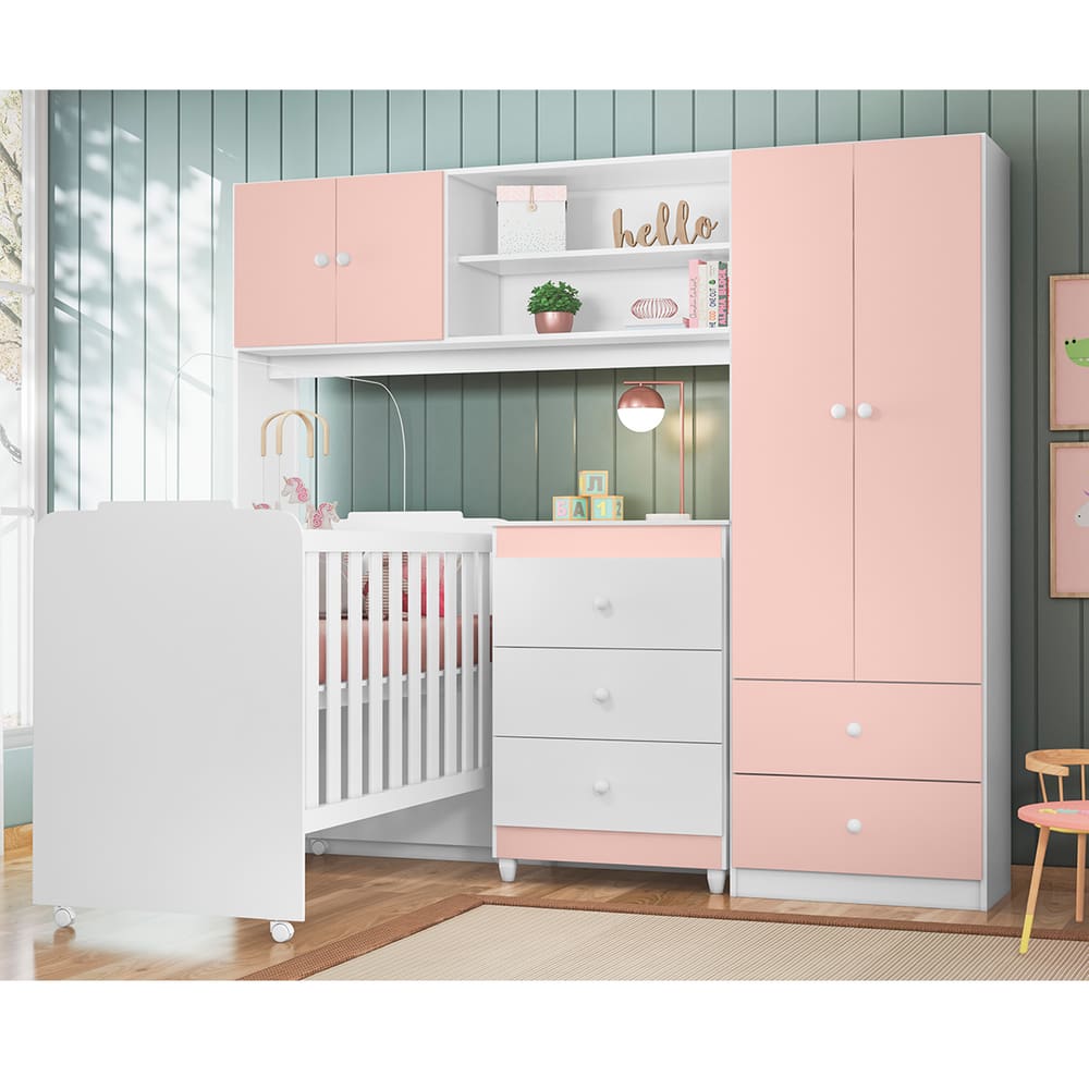 Kit Quarto de Bebê Sophia Branco/rosa com Berço, Cômoda e Guarda-roupa/conjugado – Peternella