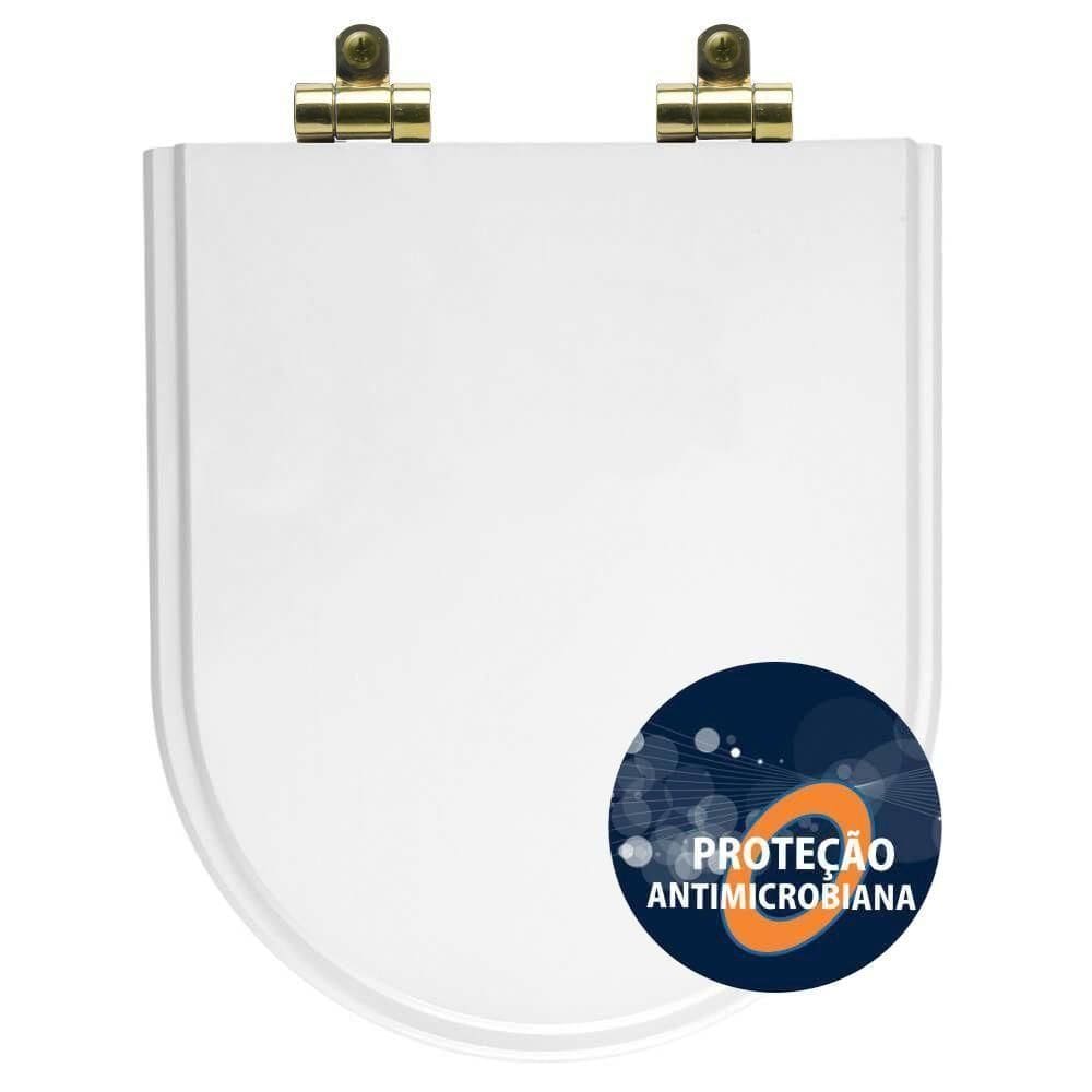 Tampa De Vaso Poliéster Antibactéria Com Amortecedor Link-lk Branco Para Bacia Deca Com Ferragem Dourada
