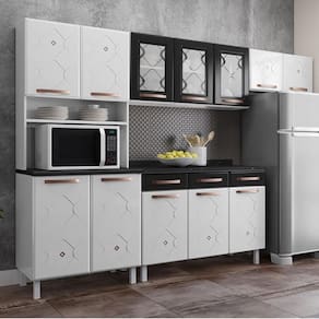 Cozinha Completa Modulada De Aço 4 Peças Com Vidros E Balcão Multimóveis Cr20353 Branco-preto
