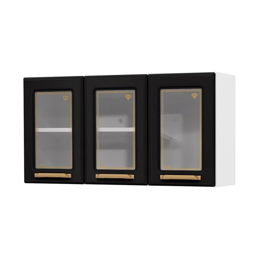 Armário De Cozinha Aéreo De Aço 3 Portas Com Vidro 105cm Multimóveis Cr20359 Branco-preto