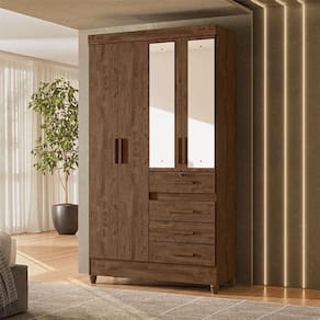 Guarda Roupa Solteiro Ambiente Sobral 4 Portas Castanho Wood Com Espelho - Moval