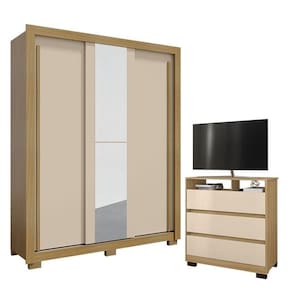 Guarda Roupa Nevoa Flex 3 Portas Com Espelho E Cômoda Vegas 3 Gavetas Carvalho Americano Off White - Incorplac