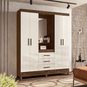 Guarda Roupa Casal Capelinha Ambiente Capri 4 Portas Castanho Wood Off White Com Espelho - Moval
