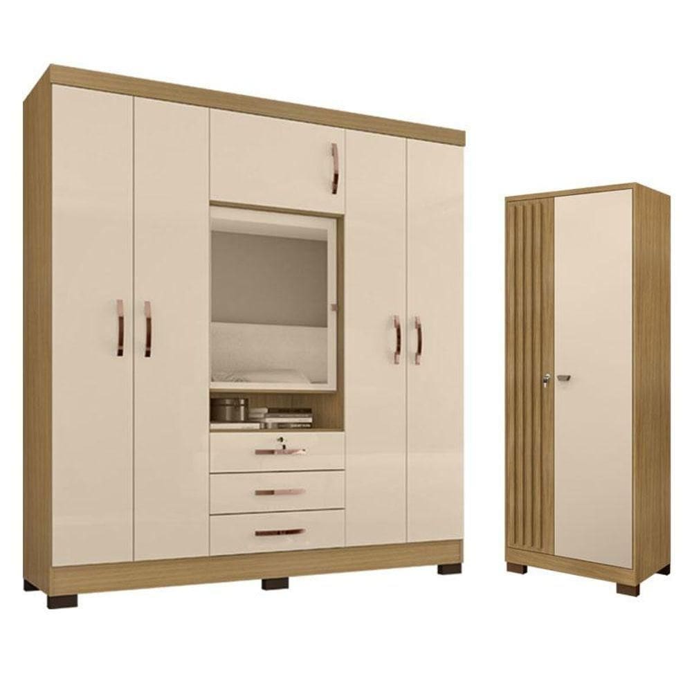 Guarda Roupa Casal Imperial Com Armário Multiuso Versátile Carvalho Americano Off White - Incorplac