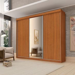 Guarda Roupa Casal Ambiente Florença 3 Portas De Correr Com Espelho Carvalho New - Luapa