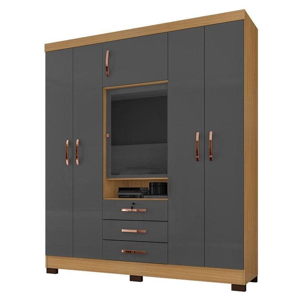 Guarda Roupa Casal Imperial Com Cômoda Madri E Armário Multiuso Egito Carvalho Americano Grafite - Incorplac