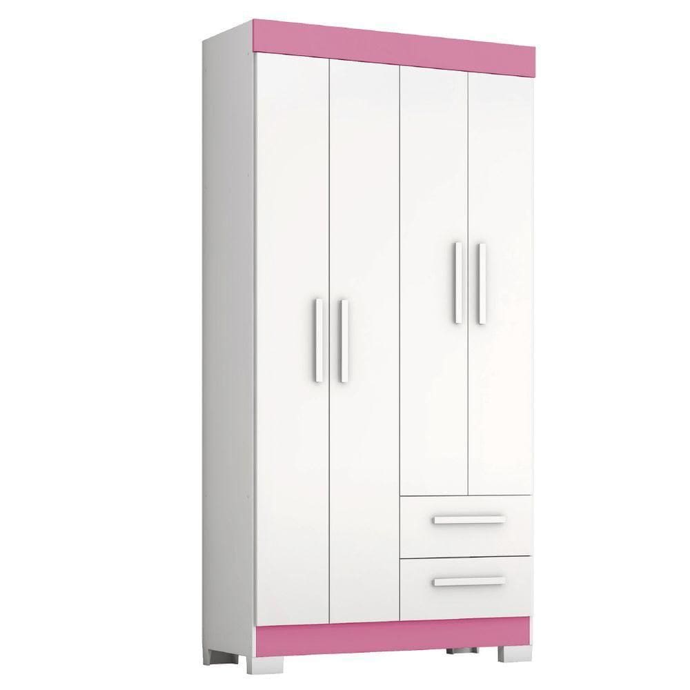Guarda Roupas Solteiro Juvenil 4 Portas 2 Gavetas Malta Branco / Rosa Notável