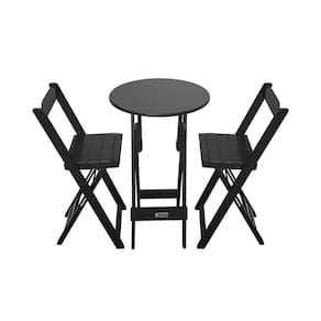 Conjunto Bistrô Mesa Dobrável de Madeira Redonda com 2 Banquetas Preta - Tarimatã