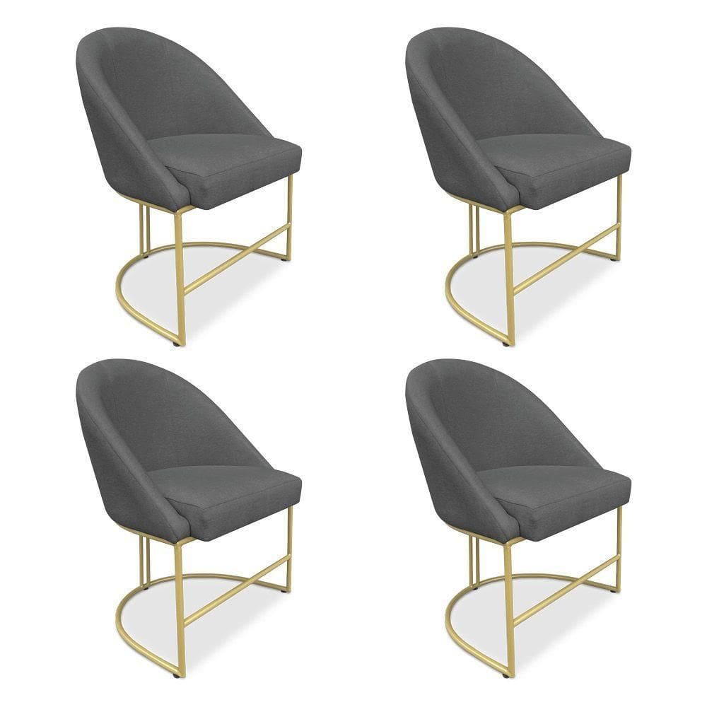 Kit 04 Cadeiras Poltrona De Jantar Bela Veludo Grafite Base Metálica Industrial Dourado - Pallazio