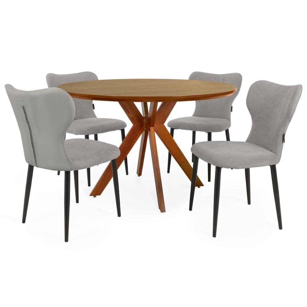 Conjunto Mesa De Jantar Redonda Marci Premium 120cm Natural Com 4 Cadeiras Estofadas Jacobsen Cinza