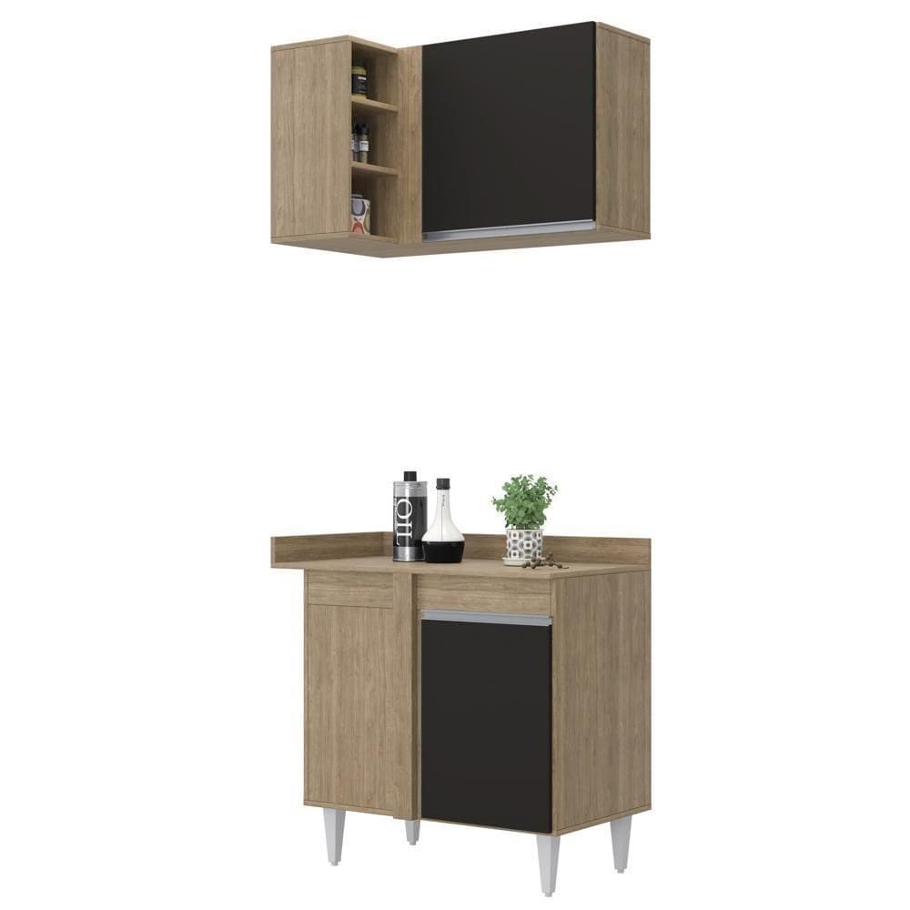 Balcão 1 Porta Denver E Armário Aéreo Austin De Canto Castanho-preto - Lumil