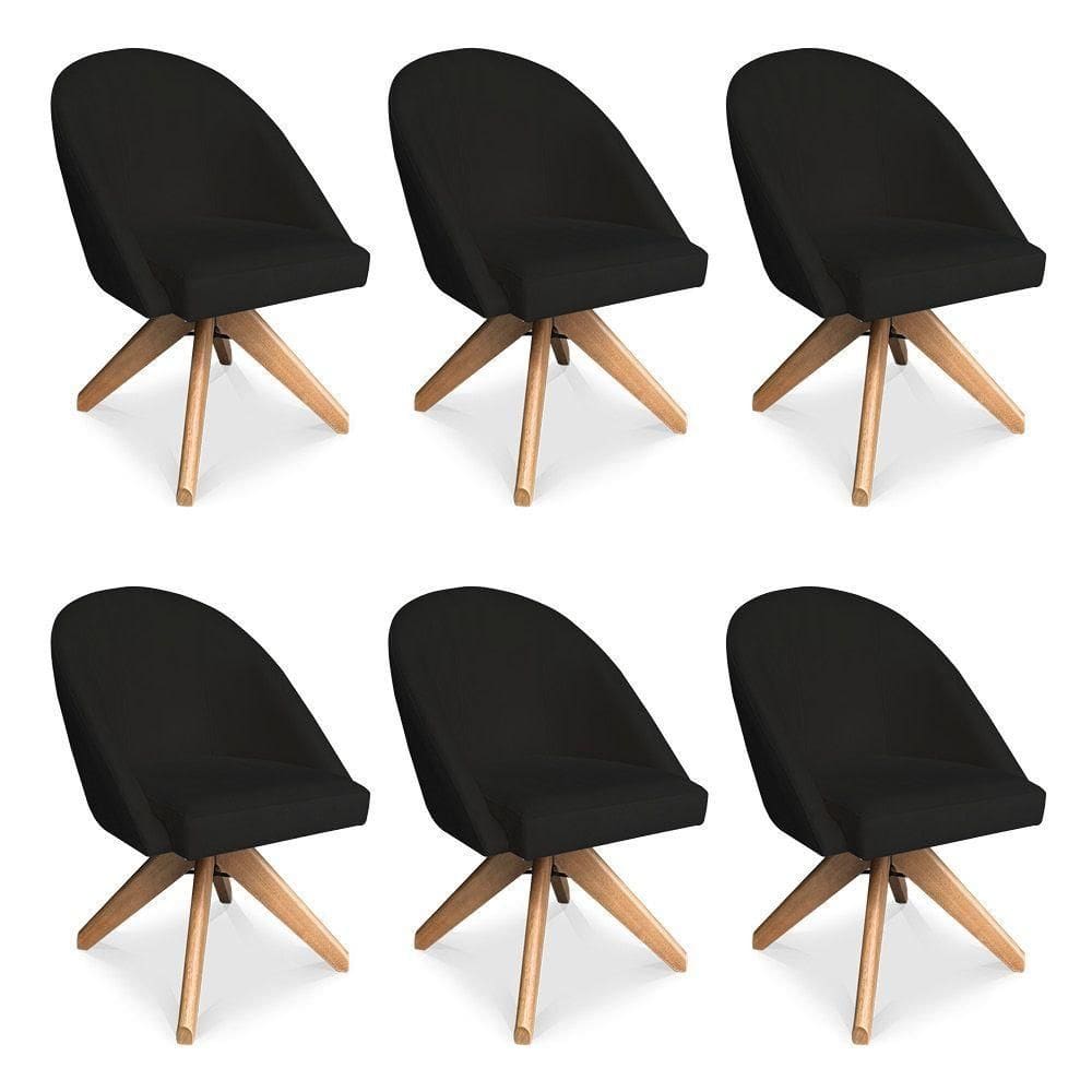Kit 06 Poltronas Cadeira Giratória Bela Veludo Preto Base De Madeira - Pallazio