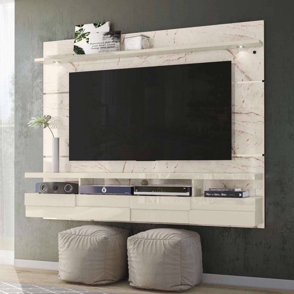 Painel Bancada Suspensa Com Led Tvs Até 60 Polegadas Lana - Calacata Off White