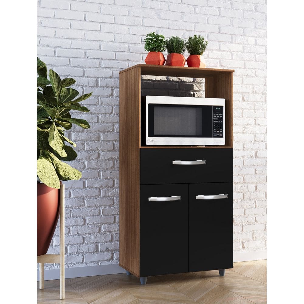 Balcão Multiuso Luna 60cm Nicho para Forno 2 Portas 1 Gaveta - Savana/Preto Móblis