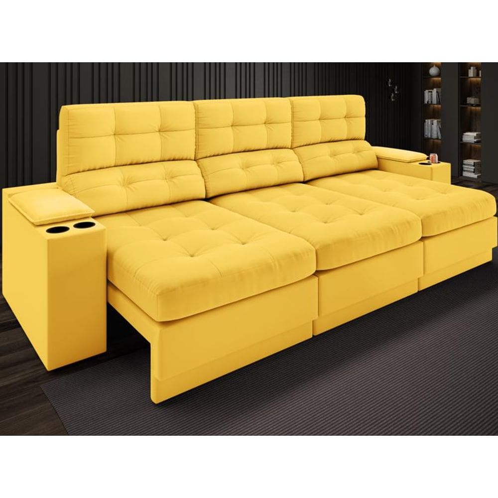 Sofá com Porta Copos e Carregador USB Eureka 2,30m Assento Retrátil e Reclinável Velosuede Canário - NETSOFAS