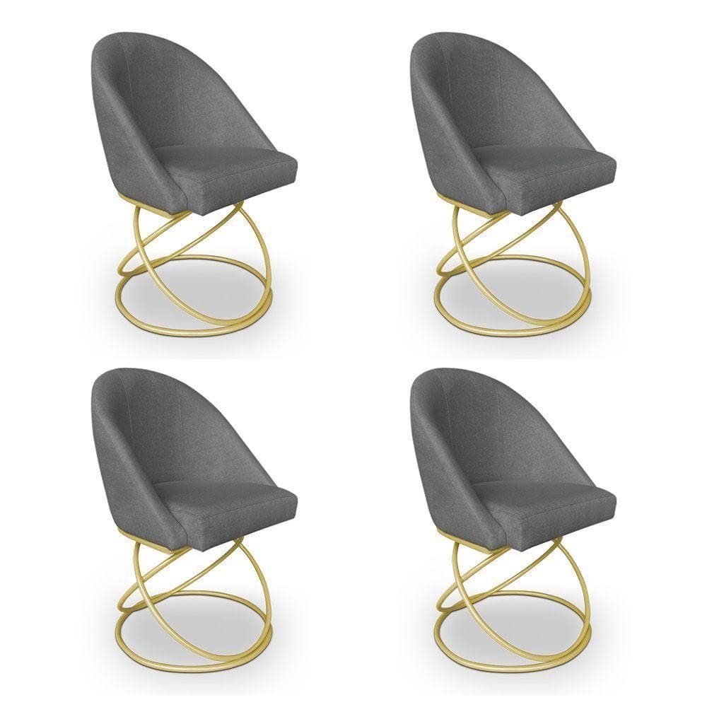 Kit 04 Cadeiras Poltrona De Jantar Bela Linho Grafite Base Metálica Luxo Dourado - Pallazio