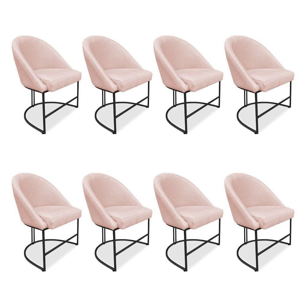 Kit 08 Cadeiras Poltrona De Jantar Bela Suede Rosa Bebê Base Metálica Industrial Preto - Pallazio