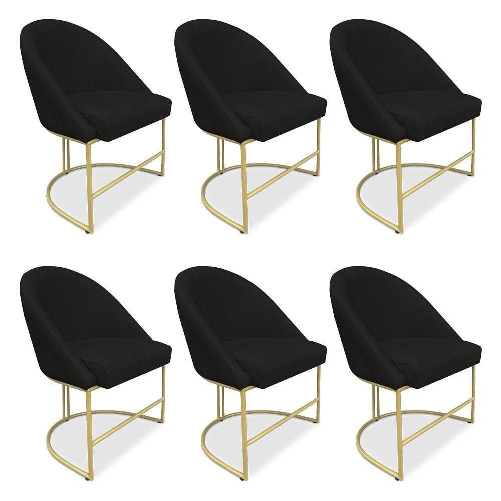 Kit 06 Cadeiras Poltrona De Jantar Bela Veludo Preto Base Metálica Industrial Dourado - Pallazio