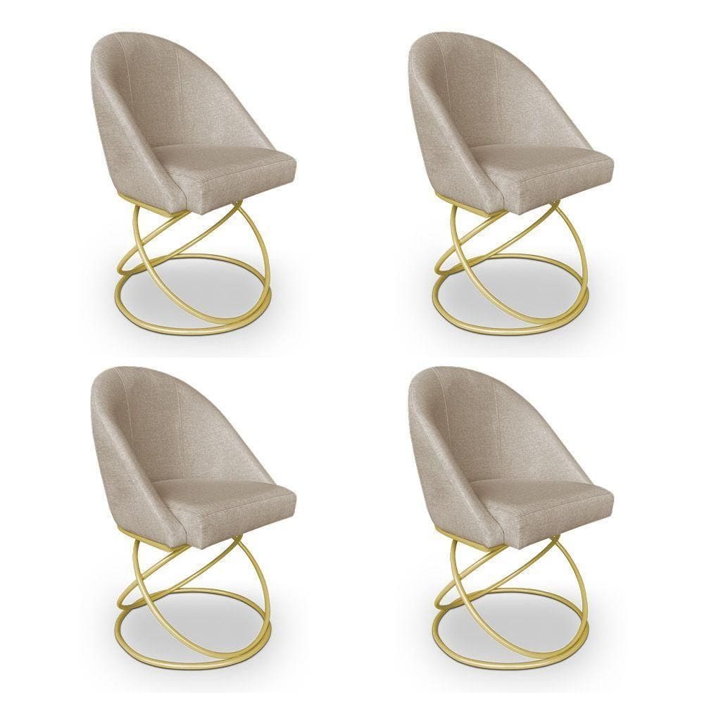 Kit 04 Cadeiras Poltrona De Jantar Bela Linho Bege Base Metálica Luxo Dourado - Pallazio