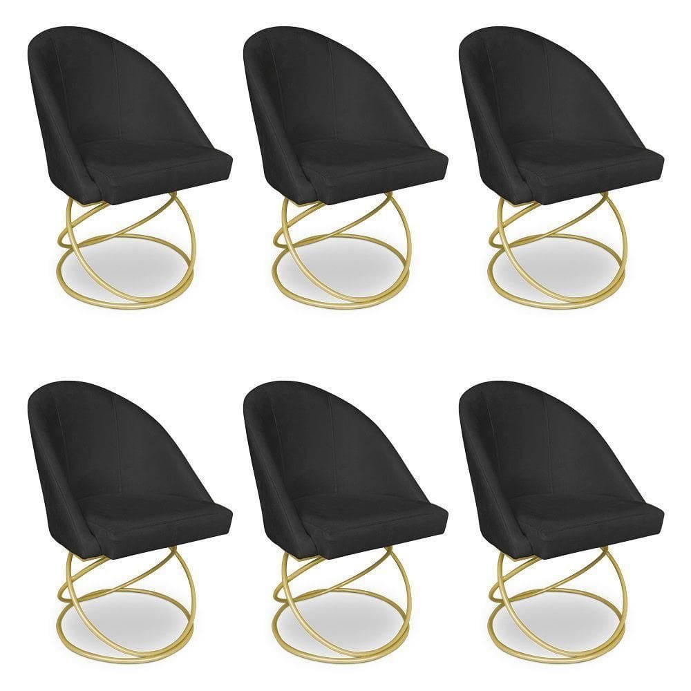 Kit 06 Cadeiras Poltrona De Jantar Bela Veludo Preto Base Metálica Luxo Dourado - Pallazio