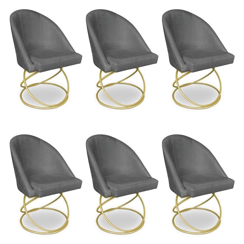 Kit 06 Cadeiras Poltrona De Jantar Bela Veludo Grafite Base Metálica Luxo Dourado - Pallazio