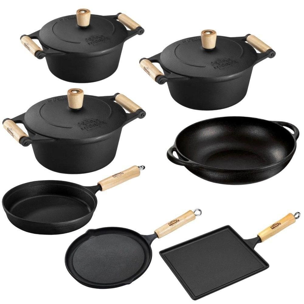 Jogo De Panelas 7 Peças Em Ferro Fundido E Alça De Madeira Panela Mineira