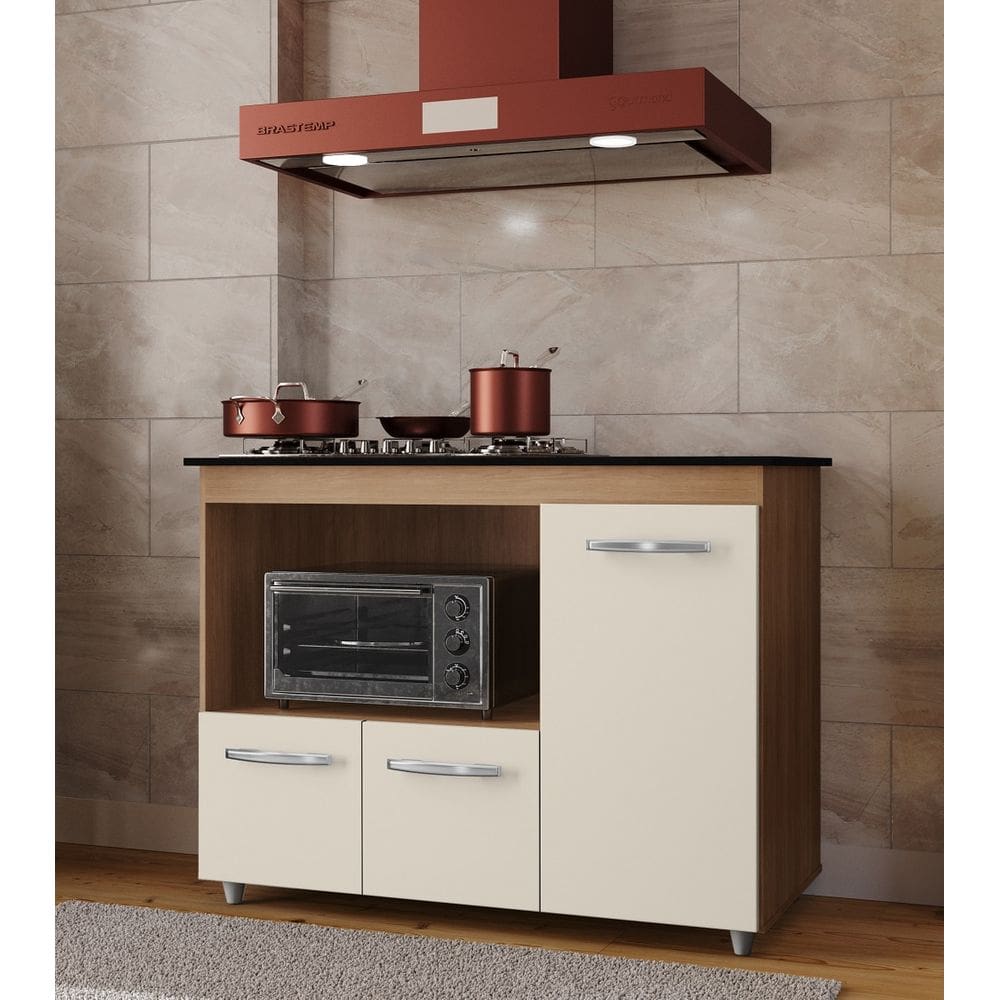 Balcão Cooktop Ana 114m com Nicho Para Forno e 3 Portas - Savana/Off White Móblis