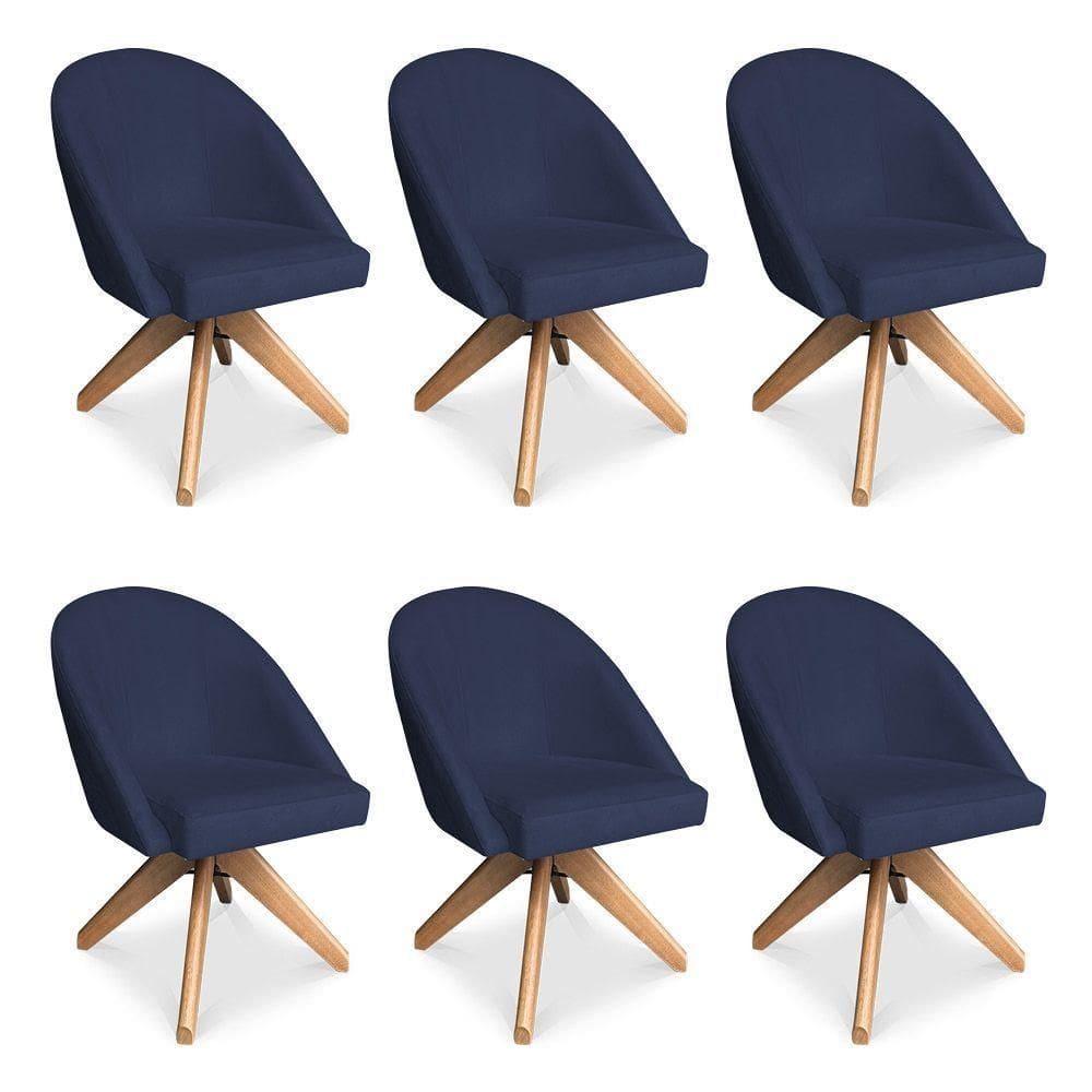 Kit 06 Poltronas Cadeira Giratória Bela Veludo Azul Marinho Base De Madeira - Pallazio