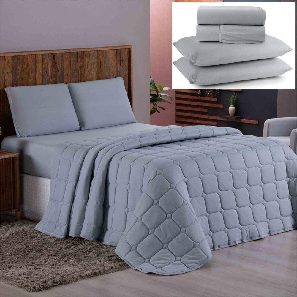 Coordenado Cobre Leito E Lençol Queen Sereno Em Malha 7 Peças - Cinza - 100% Algodão