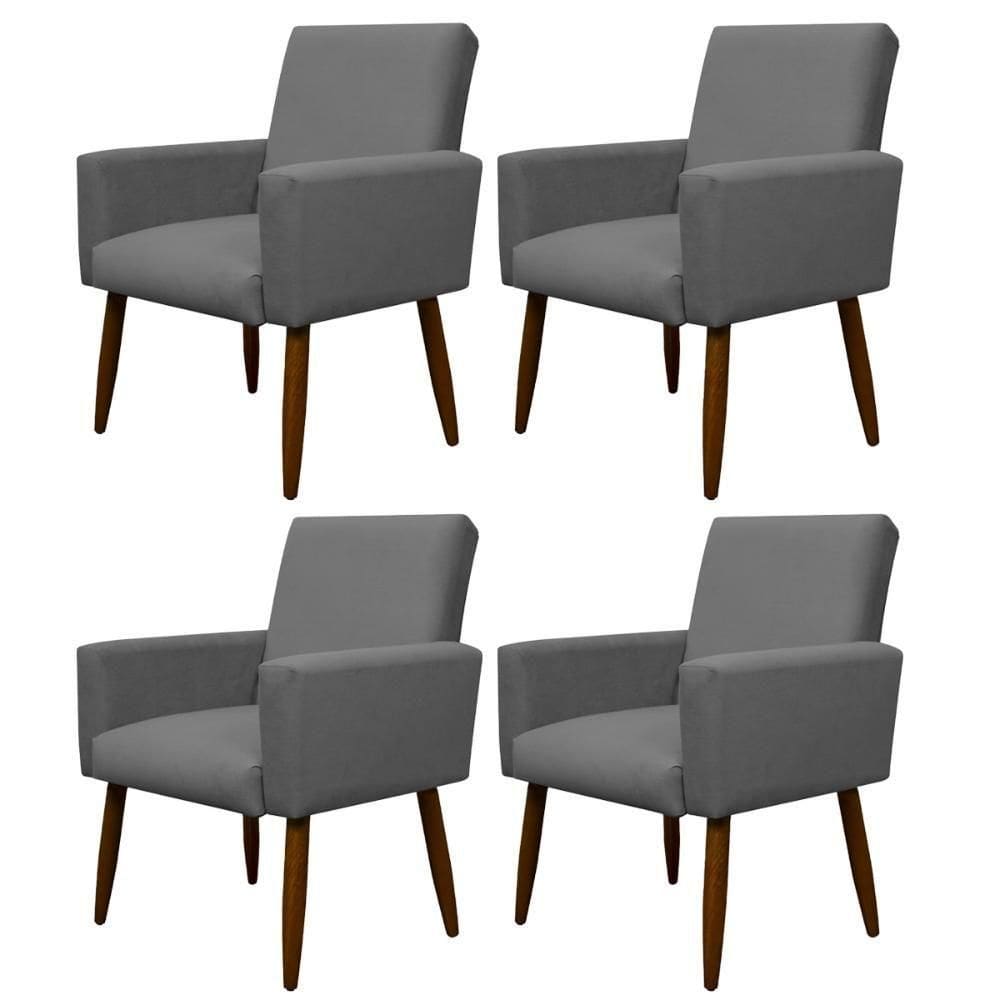 Kit 4 Poltronas Para Sala Pés De Madeira Nina Cinza