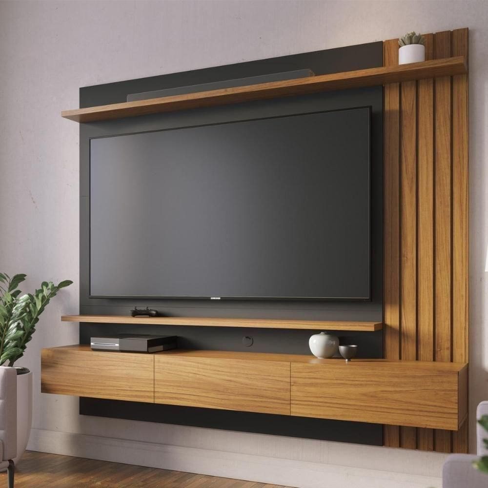 Painel Home Suspenso 3 Portas `s 70” Juriti - Noce Milano-preto Fosco