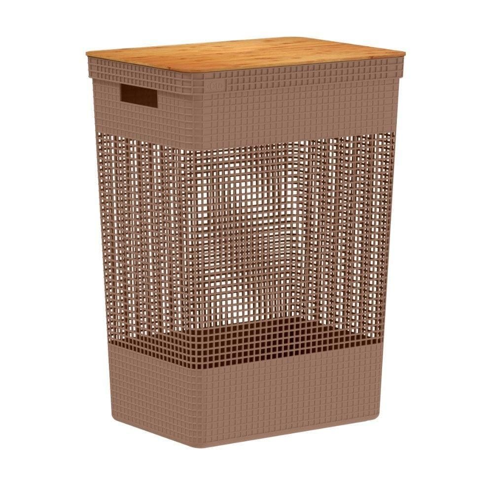 Cesto De Roupa Grid Marrom Amêndoa 49 L Com Tampa De Bambu 38 X 28 X 55,6 Cm Ou