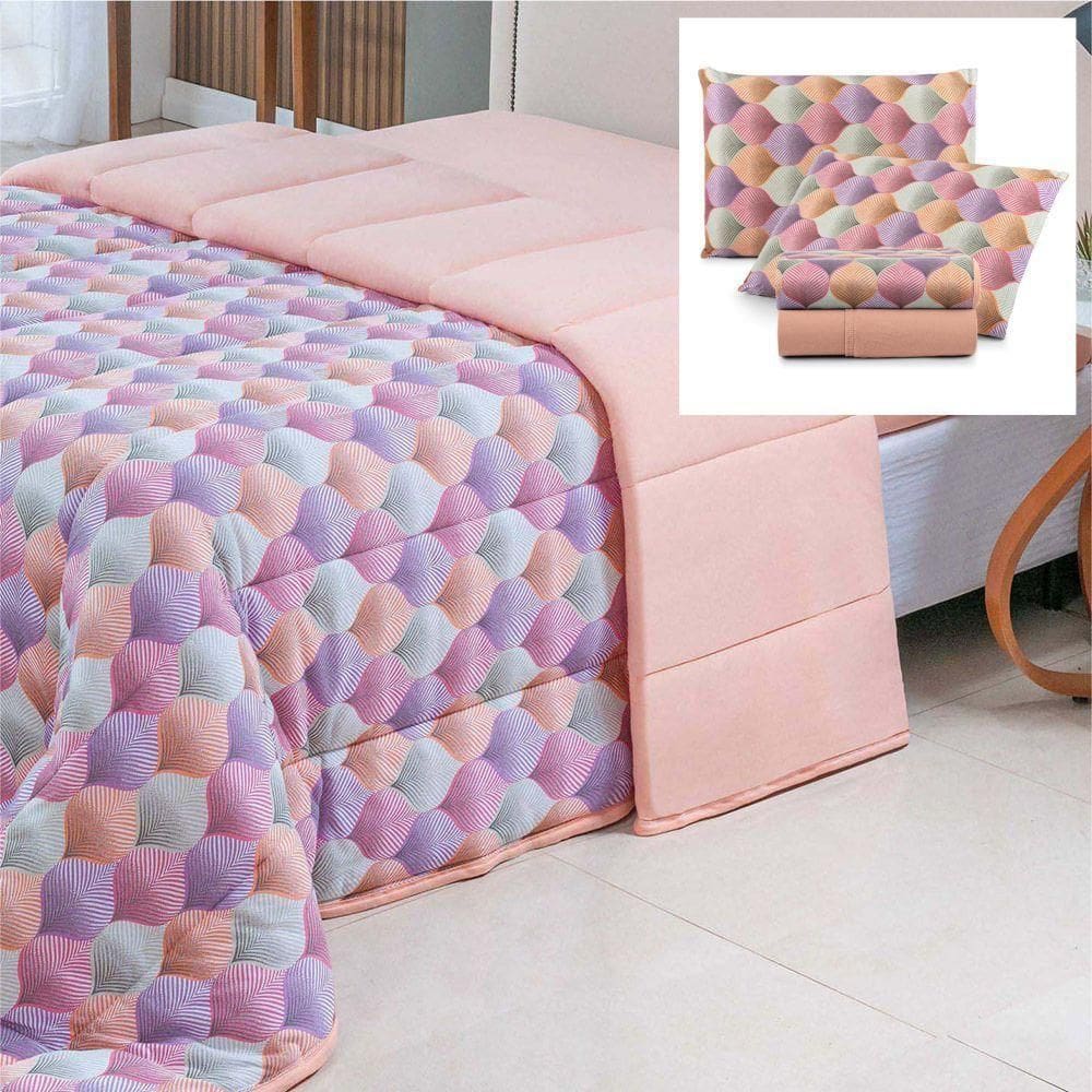 Coordenado Edredom E Lençol Queen Sonho Bom Em Malha 5 Peças - Salmão - 100% Algodão