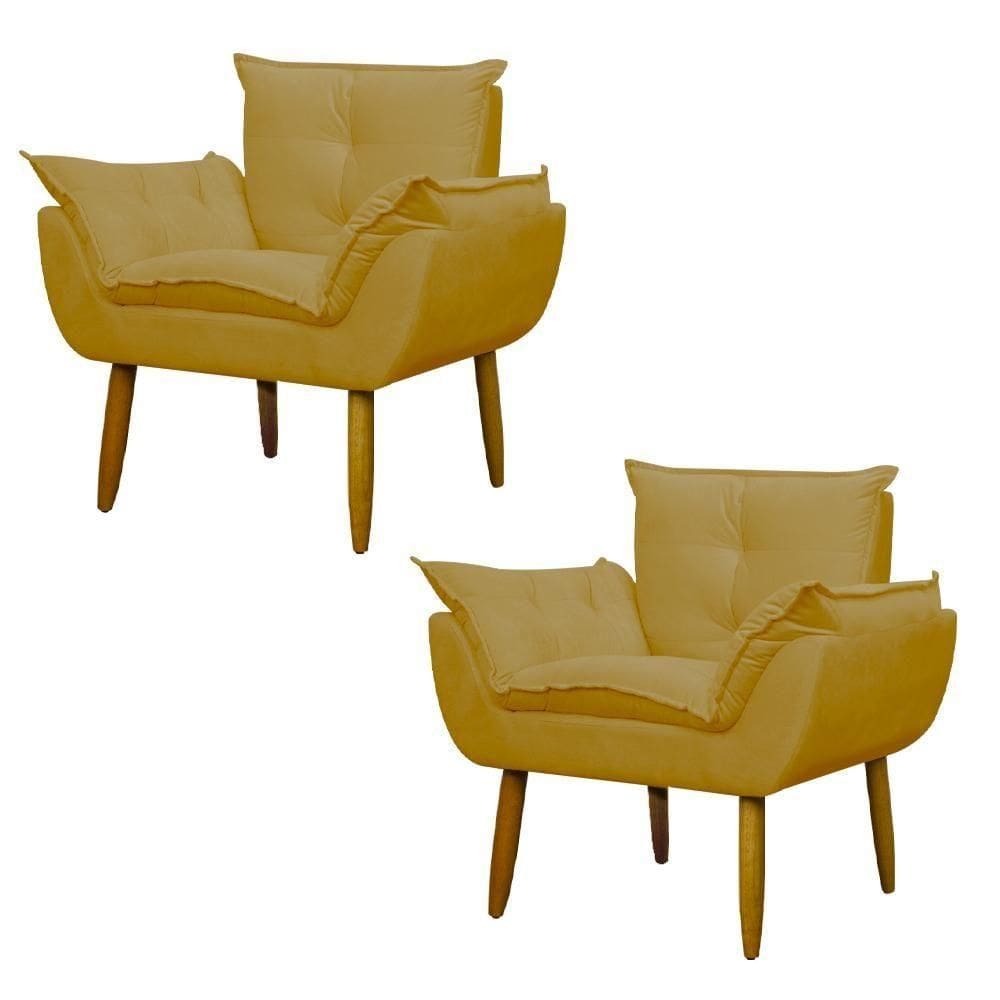Kit Poltrona Recepção Pés Madeira Opala Amarelo
