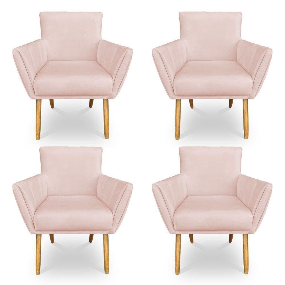 Kit 4 Poltronas Decorativa Leticia Suede Rosa Bebê Pés Palito Castanho - Pallazio