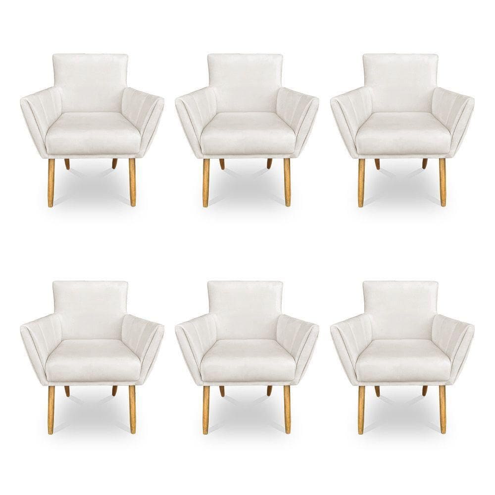 Kit 6 Poltronas Decorativa Leticia Suede Pés Palito Castanho - Pallazio Cor Bege