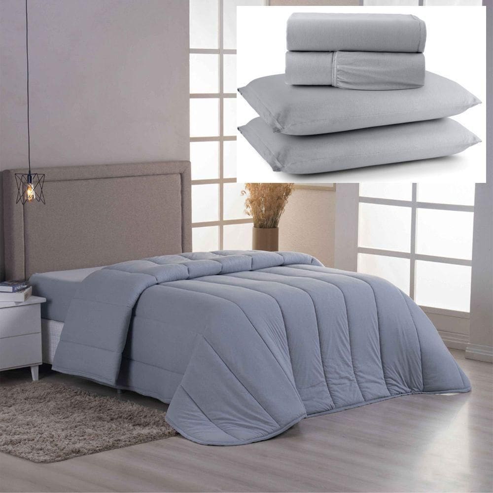 Coordenado Edredom E Lençol King Sereno Em Malha 5 Peças - Cinza - 100% Algodão