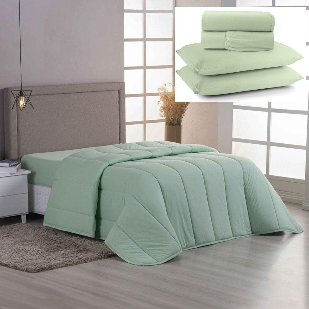 Coordenado Edredom E Lençol Queen Sereno Em Malha 5 Peças - Verde - 100% Algodão