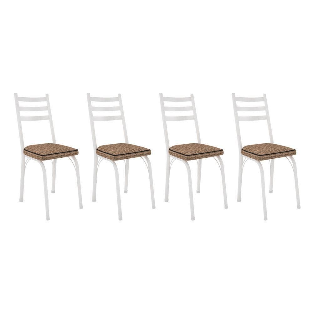 Kit 4 Cadeiras De Cozinha Luisiana Estampado Rattan Bege Pés De Ferro Branco - Pallazio